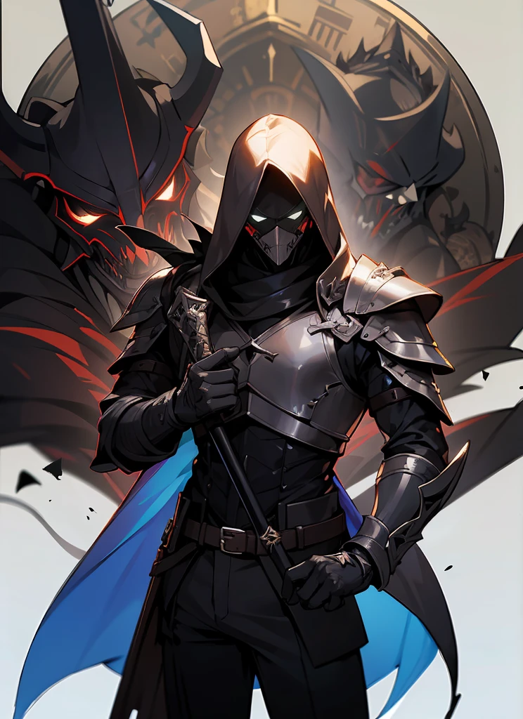 1 , handsome fashion hair,bronze hair highlightwhite, fanstasy, smile face, male ,fantasy, reaper, hunter with blackshortsword, villian face, black armor , darkness wolrd, bad, devil mask