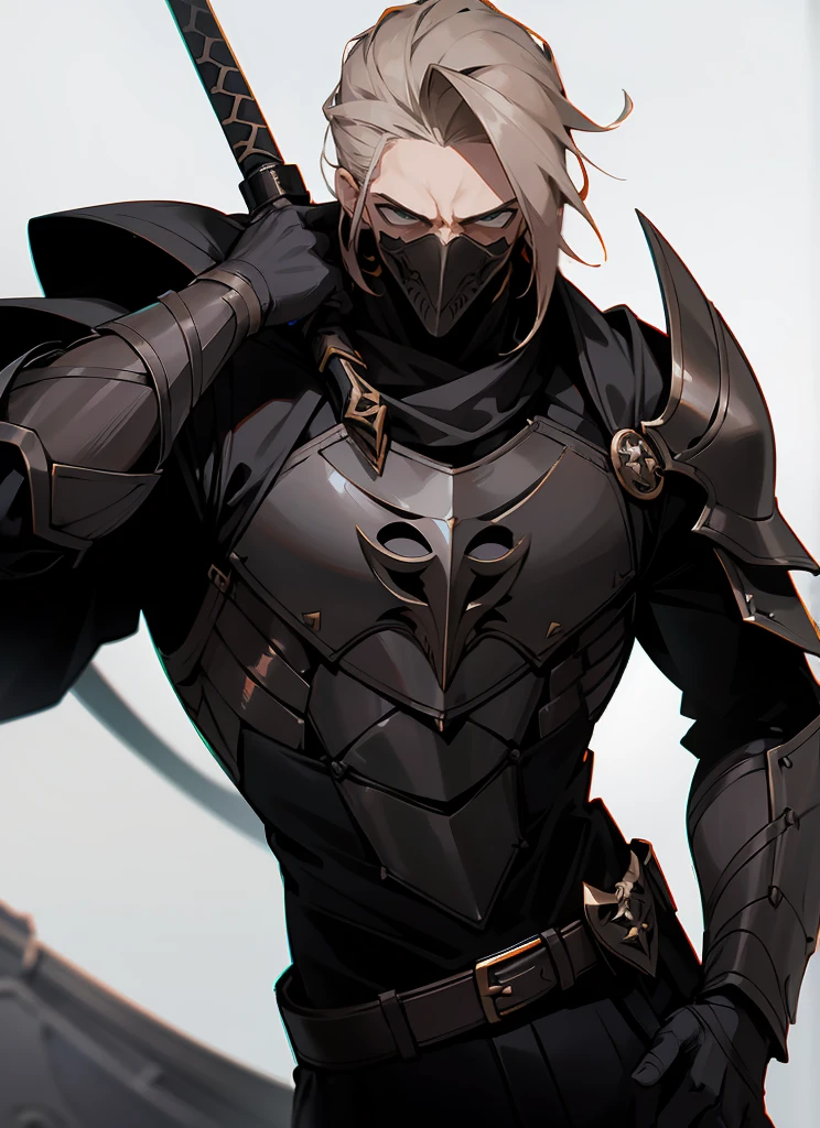 1 , handsome fashion hair,bronze hair highlightwhite, fanstasy, smile face, male ,fantasy, reaper, hunter with blackshortsword, villian face, black armor , darkness wolrd, bad, devil mask