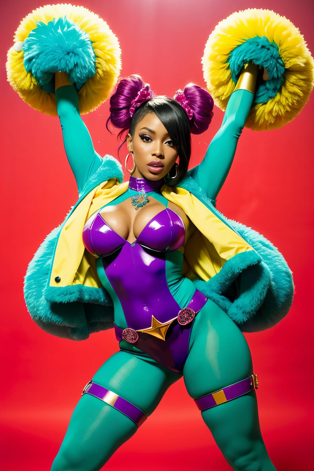 Objective: A hyper-realistic depiction of a captivating character inspired by the fusion of Dua Lipa, Megan Thee Stallion, and Vixen (from DC Comics) in an AfroWestern setting, trending on DynastySeries.
The central figure is a MILF with a unique flair, characterized by teal, vibrant neon purple hair in a very short, edgy rococo style. Her attire is bold and striking, consisting of red clothes adorned with lots of bio-translucent pink and inflatable parts, complete with puffy sleeves that accentuate her trending, exaggerated curves.
She is end