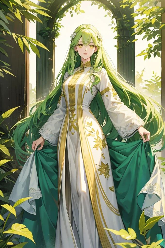 A mature and calm lady wearing a dress with a fir tree motif.、tall、Long limbs、solo、Mouth open、Yellow-green long hair、Yellow Eyes、anime