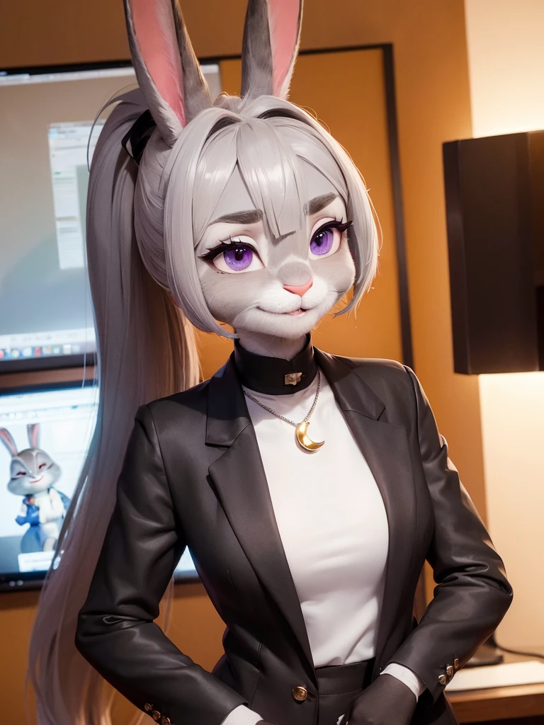 best quality,
masterpiece,
hyper Realistic,
ultra-detailed,
beautiful detailed,
4K,8K,High level,
PIXAR,
Photo real,
Portrait,
Looking at the audience,
(((background is a Forest))),
Realistic lighting,
((anthropomorphic rabbit)),
detailed animals,
Complex patterns,
(furry:1.5),
(Whole skin is gray:1.4),
(body is fluffy and bushy:1.3),
Realistic fur,
((human hands)),
(Face is JudyHopps:1.35),
{((long straight hair)), ((ponytail hair))},
wispy bangs, bangs,
purple eyes,
{highlight on eyes, crisp eyes, sparkle in the eyes, round big pupils},
detailed iris,
(rised eyebrows:1.2),
(Crescent Brows:1.3),
(rabbit ears:1.1),
Smile,
Big Smile,
Innocent smile,
raised corners of mouth,
office lady is wearing suit,
((White blouse)) BREAK ((Black blazer)) BREAK ((Black pants)),
clothes made of wool,
((She is blushing in the cheeks)),
((Looks excited)),
(solo:1.5),
(1 lady:1.5),
one character only
alone,
Perfect Anatomy,
highlight,
sunlight,
daylight,
intricate details,
ray tracing,
photorealistic,
lighter shadows,