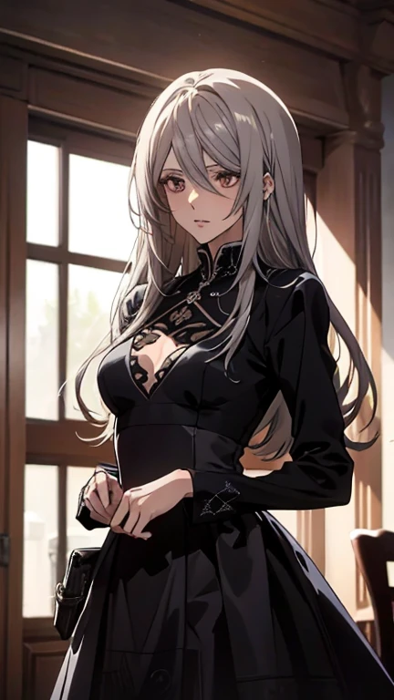 (Confused, High resolution, Very detailed), 1 female, Silver Hair,Long Hair,Reddish brown eyes,black long party dress,Formal wear,20th generation,Beautiful woman,talk,thin,quiet,Small breasts,Calm,Party Venue,black long sleeve dress