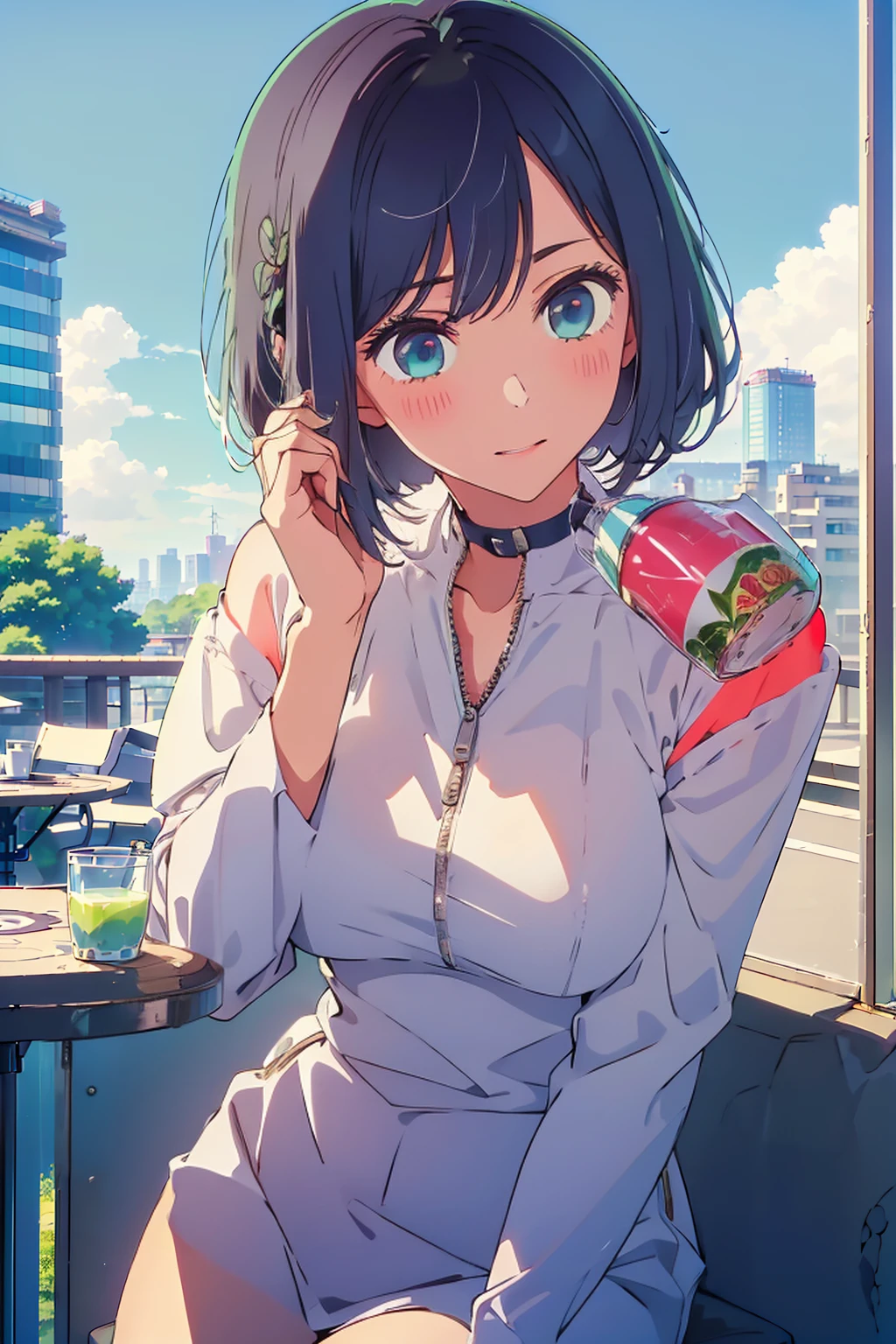 (Highest quality:1.4、8K:1.4、detailed)、F cup bust、Big Breasts、Slim body、Very white beautiful skin、((((1 person、Surprised expression、sit、Chair、In the background are the urban buildings of Tokyo、looking at the camera、Outdoor café terrace、Navy hair color、juice、table、Very cute face))))、((((nude、Areola))))、(Pose with hair tucked behind ears with both hands:1.4、Cheek resting on hand:1.4)、((Off-the-shoulder black blouson with zipper))、Nipples、Very blue sky、A completely cloudless sky