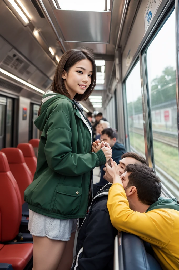 Konami,One girl,smile, View your viewers, Green jacket, gloves, Green shorts,Green footwear, masterpiece,Highest quality,TranT, (train interior), netorare, chikan, grabbing, hetero, juices, molestation, public indecency, public use,faceless male fingeys, faceless male, assisted expos,orgasm,cyclone \(ce\),motion_Line