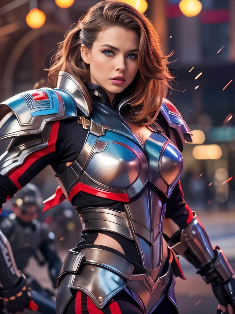 Masterpiece, action dynamic full body shot of an ultra hot gorgeous woman, age 23, she’s a playmate, men magazine model, in futuristic armor, light auburn hair, blue eyes, red lips, fearsome gaze, (amidst her army:1.2), bokeh