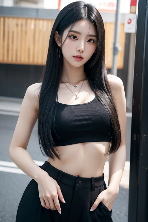 wearing crop top, trousers, long black hair, japanese girl, 8k, wearing necklace, sixpack stomach, japanese girl face, beautiful