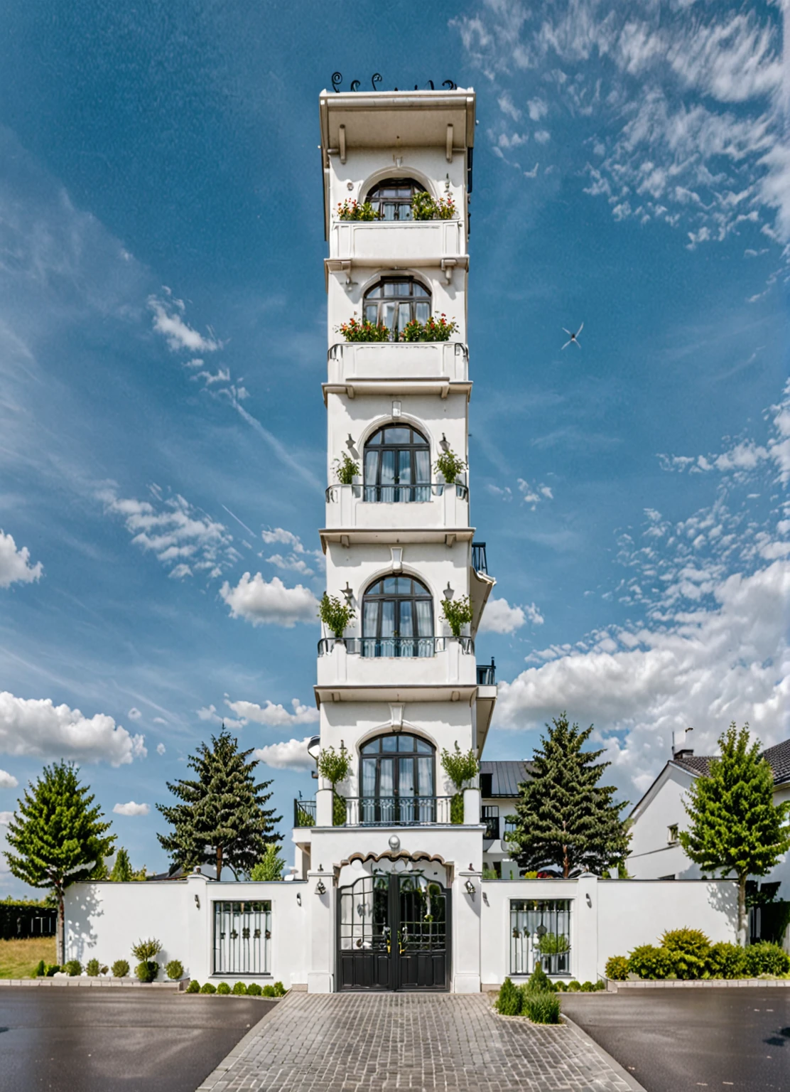 Raw photo,Masterpiece, high quality, best quality, authentic, super detail,
outdoors, house style modern,bietthuhn, white wall, glass windows, gate
road,pavement, grass, trees, sky, cloud, (day:1.1),