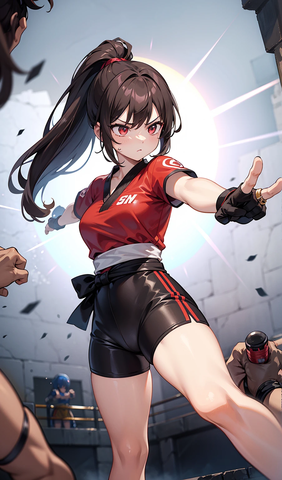 Human Woman、Serious expression、Underground Fighting Arena、Martial Arts Ring、Dark brown ponytail、Fighter、Uplifting、Shorts、Colorful fighting costume、Fighting Pose、Perfect hands、Perfect Fingers