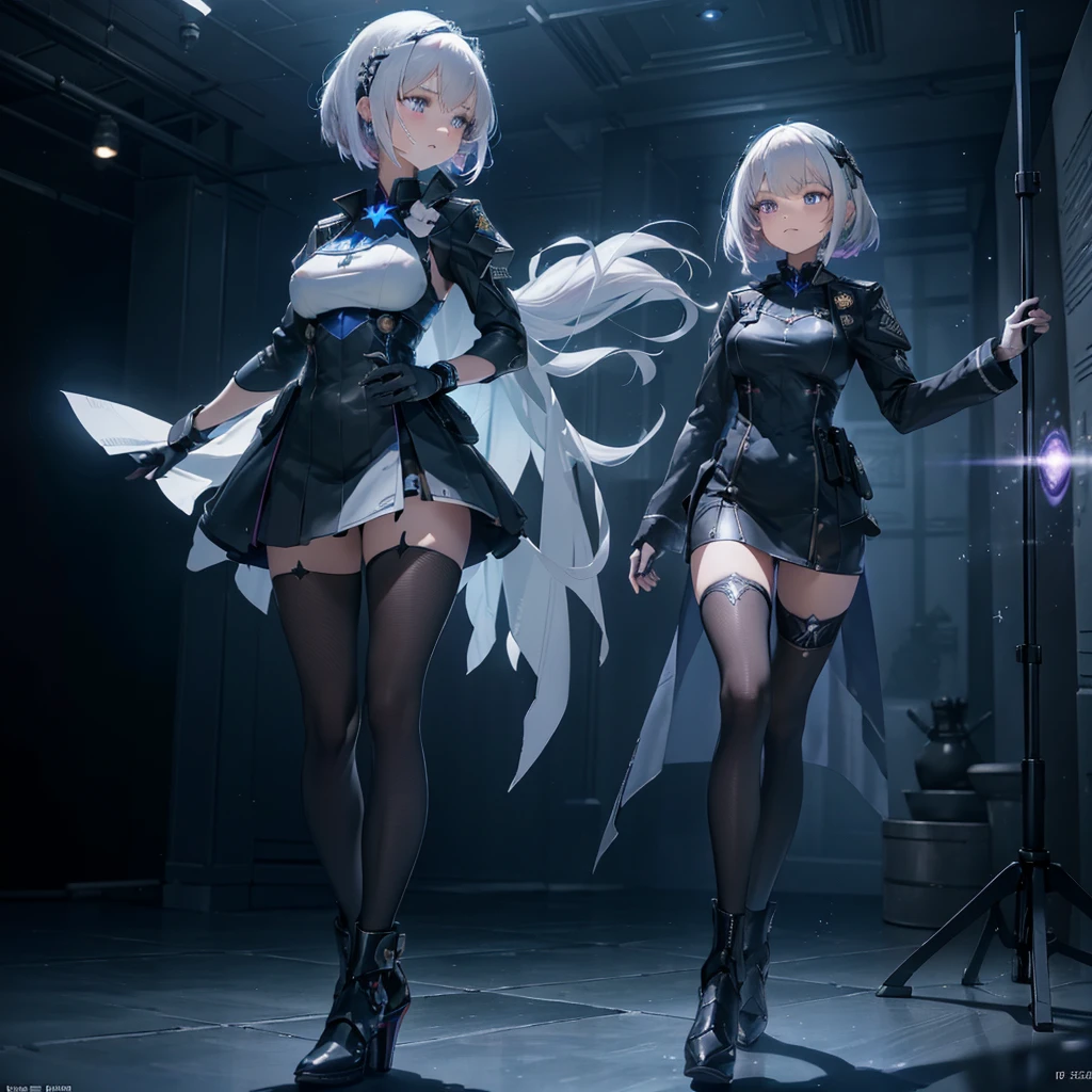 1 girl, alone , alone, A single person, face close up, Big box, Violet eyes, Mecha , attire , Mechasuit , armed girl ,Mecha_musume , Mecha girl , Hair Accessories, White bob hair, shorth hair, Silver hair, bang, hair between the eyes, Military uniform, Black Dress, Chap, white gloves, Tights, high heeled boots, explosion, Greeting posture, Stand, in heaven, blue sky, ((best quality)), ((masterpiece)), 3d, HDR (High dynamic range),Raytracing, nvidia RTX, Super-Resolution, Unreal 5,Subsurface scattering, PBR Texturing, Post processing, anisotropic filtering, depth of field, Maximum clarity and sharpness, Multilayer textures, Albedo and specular maps, Surface shading, Precise simulation of the interaction between light and matter, proporções perfeitas, octane render, two tone lighting, wide aperture, low ISO, White balance, Rule of thirds,8K SPIRIT, Aura, masterpiece, best quality, Mysterious expression, magical effects such as sparkle or energy, flowing robes or enchanting robes, Mechanic creatures or mystical background, rimlighting, side-lighting, cinematic light, Ultra high resolution, 8K UHD, film grain, Best Shadow, sensitive, SPIRIT, light particles, detailed skin structure, detailed fabric structure, pretty face, (masterpiece)