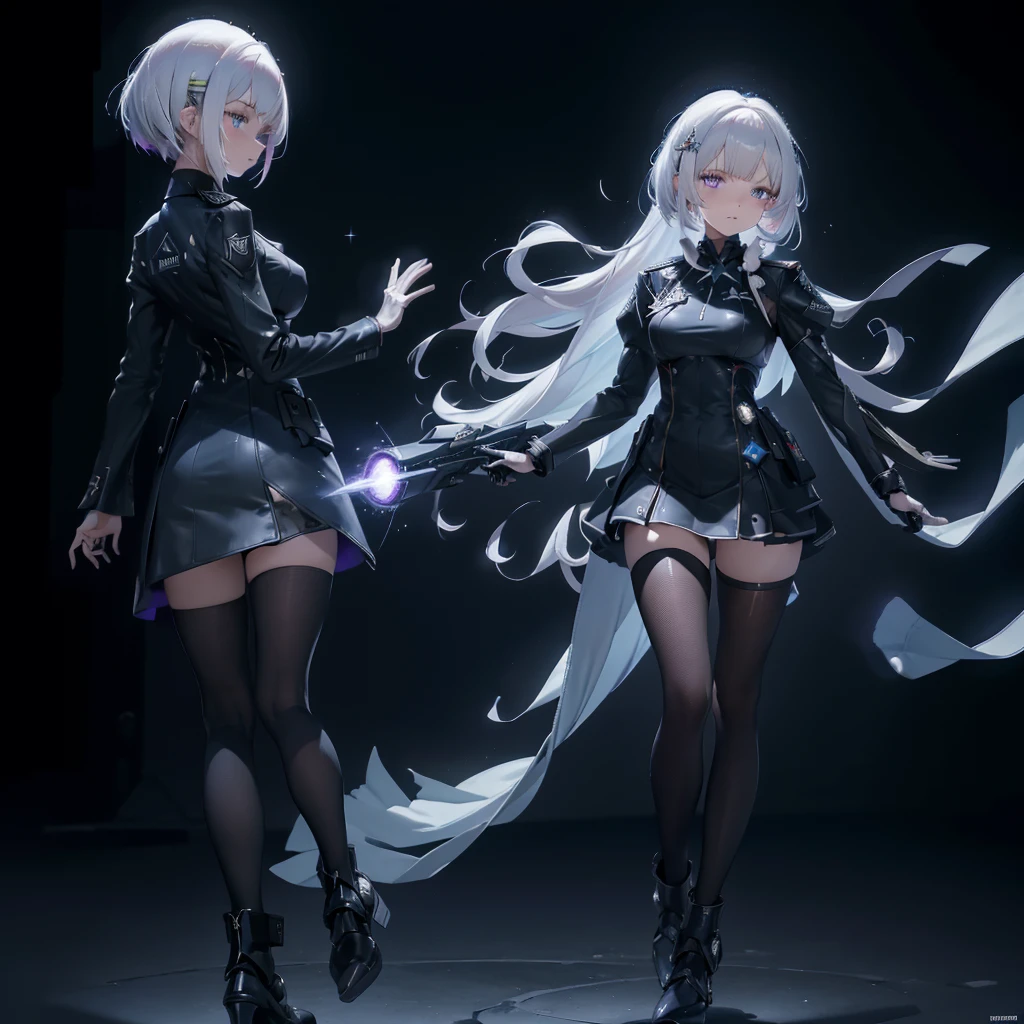 1 girl, alone , alone, A single person, face close up, Big box, Violet eyes, Mecha , attire , Mechasuit , armed girl ,Mecha_musume , Mecha girl , Hair Accessories, White bob hair, shorth hair, Silver hair, bang, hair between the eyes, Military uniform, Black Dress, Chap, white gloves, Tights, high heeled boots, explosion, Greeting posture, Stand, in heaven, blue sky, ((best quality)), ((masterpiece)), 3d, HDR (High dynamic range),Raytracing, nvidia RTX, Super-Resolution, Unreal 5,Subsurface scattering, PBR Texturing, Post processing, anisotropic filtering, depth of field, Maximum clarity and sharpness, Multilayer textures, Albedo and specular maps, Surface shading, Precise simulation of the interaction between light and matter, proporções perfeitas, octane render, two tone lighting, wide aperture, low ISO, White balance, Rule of thirds,8K SPIRIT, Aura, masterpiece, best quality, Mysterious expression, magical effects such as sparkle or energy, flowing robes or enchanting robes, Mechanic creatures or mystical background, rimlighting, side-lighting, cinematic light, Ultra high resolution, 8K UHD, film grain, Best Shadow, sensitive, SPIRIT, light particles, detailed skin structure, detailed fabric structure, pretty face, (masterpiece)
