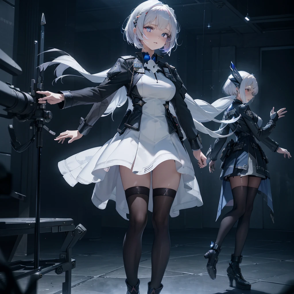 1 girl, alone , alone, A single person, face close up, Big box, Violet eyes, Mecha , attire , Mechasuit , armed girl ,Mecha_musume , Mecha girl , Hair Accessories, White bob hair, shorth hair, Silver hair, bang, hair between the eyes, Military uniform, Black Dress, Chap, white gloves, Tights, high heeled boots, explosion, Greeting posture, Stand, in heaven, blue sky, ((best quality)), ((masterpiece)), 3d, HDR (High dynamic range),Raytracing, nvidia RTX, Super-Resolution, Unreal 5,Subsurface scattering, PBR Texturing, Post processing, anisotropic filtering, depth of field, Maximum clarity and sharpness, Multilayer textures, Albedo and specular maps, Surface shading, Precise simulation of the interaction between light and matter, proporções perfeitas, octane render, two tone lighting, wide aperture, low ISO, White balance, Rule of thirds,8K SPIRIT, Aura, masterpiece, best quality, Mysterious expression, magical effects such as sparkle or energy, flowing robes or enchanting robes, Mechanic creatures or mystical background, rimlighting, side-lighting, cinematic light, Ultra high resolution, 8K UHD, film grain, Best Shadow, sensitive, SPIRIT, light particles, detailed skin structure, detailed fabric structure, pretty face, (masterpiece)