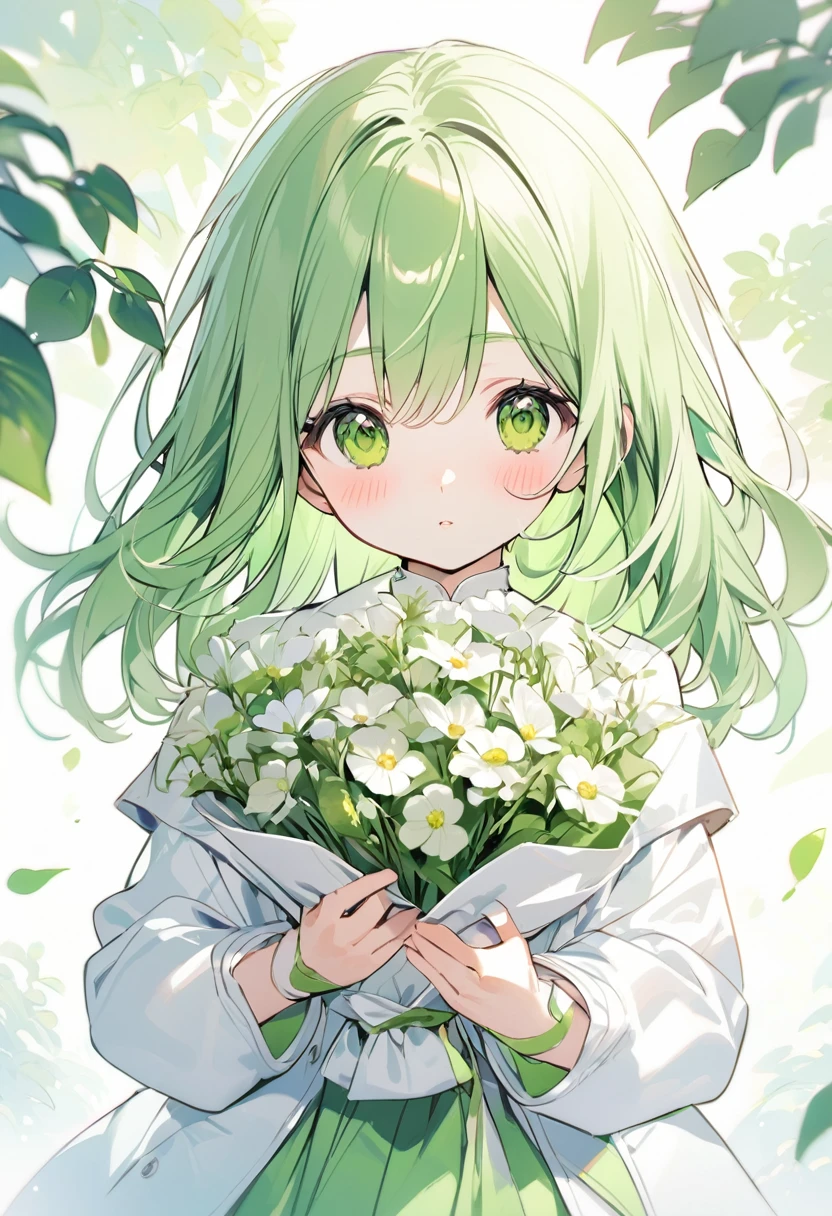 white color, She is given flowers. she's smart color is light green