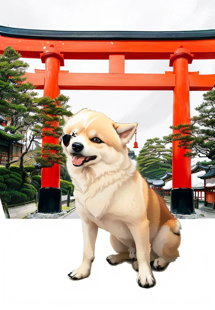 araffe dog sitting in front of a red tori tori gate, japanese dog, torii in the background, torii, miko, inspired by Torii Kiyomoto, inari shrine, by Maeda Masao, torii gate, by Shiba Kōkan, imari, shibu inu, by Nishida Shun'ei, shikamimi