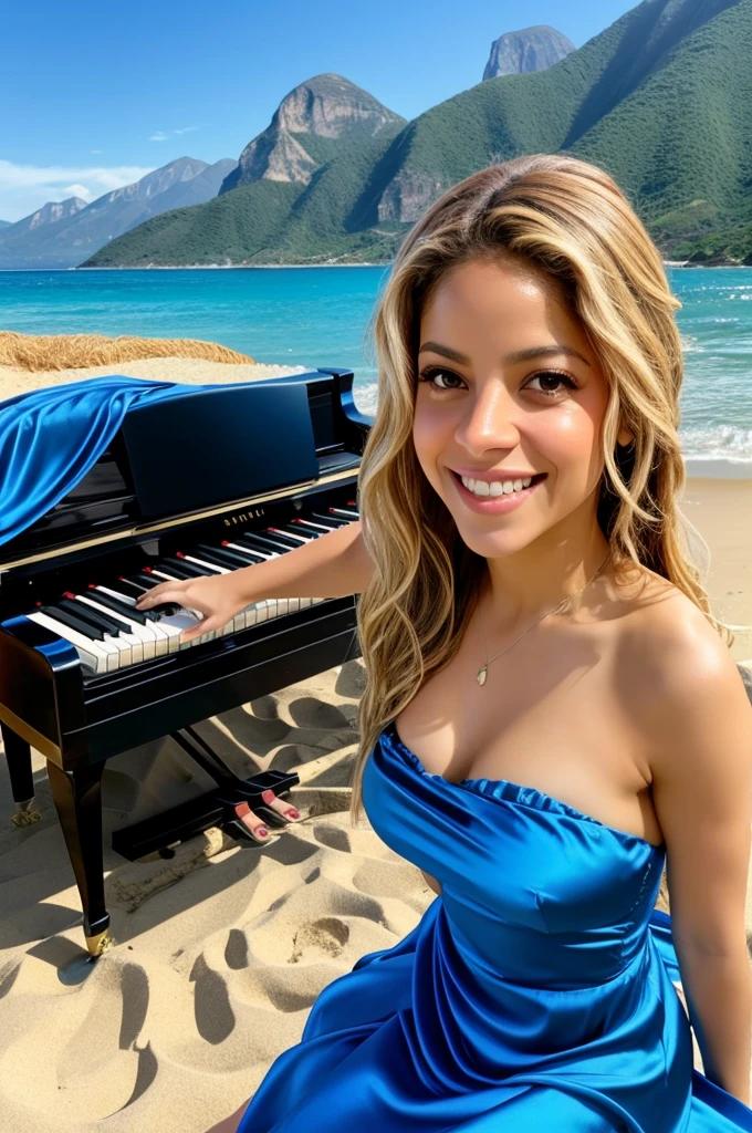 Beautiful Shakira, smiling happily, wearing blue silk strapless dress, playing piano, on the beach, mountains in the distance