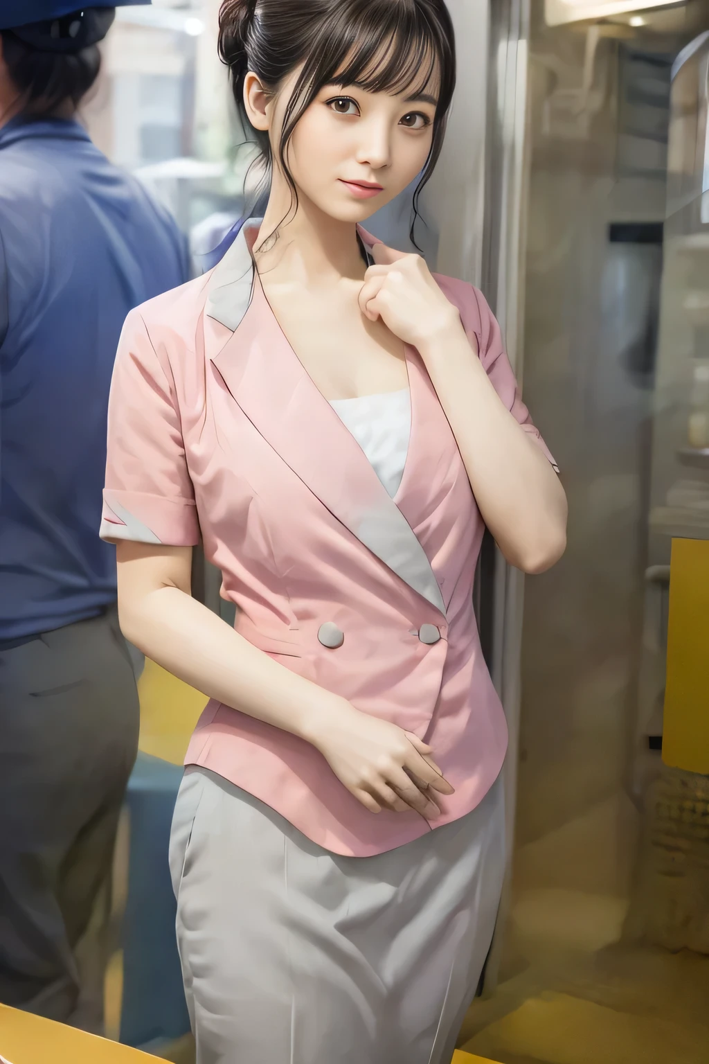 (masterpiece:1.2, Highest quality:1.2), 32k HDR, High resolution, (alone、1 girl)、(On the rooftop of a building in the daytime、Professional Lighting)、Building rooftop background、(Nankai train crew uniform pinkを着たリアルスタイル)、(Nankai train crew uniform pink short sleeve collarless pink jacket、Nankai Train Crew Uniform Pink Collarless Short Sleeve Blouse、Nankai Train Crew Uniform Pink Grey Knee-length Culottes)、((The bottom of the pink short-sleeved jacket cannot be tucked into the clay-colored culottes.))、Dark brown hair、(Hair tied up、Hair Bun、Hair Bun)、Dark brown hair、Long Shot、Big Breasts、Thin legs、((Great hands:2.0)),((Harmonious body proportions:1.5)),((Normal limbs:2.0)),((Normal finger:2.0)),((Delicate eyes:2.0)),((Normal eyes:2.0)))、(Nankai Train Crew Uniform Pink Grey Knee-length Culottesを見せた美しい立ち姿)、smile