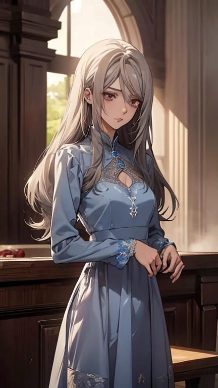 (Confused, High resolution, Very detailed), 1 female, Silver Hair,Long Hair,Reddish brown eyes,Blue Long Party Dress,Formal wear,20th generation,Beautiful woman,talk,thin,quiet,Small breasts,Calm,Party Venue,Blue long sleeve dress