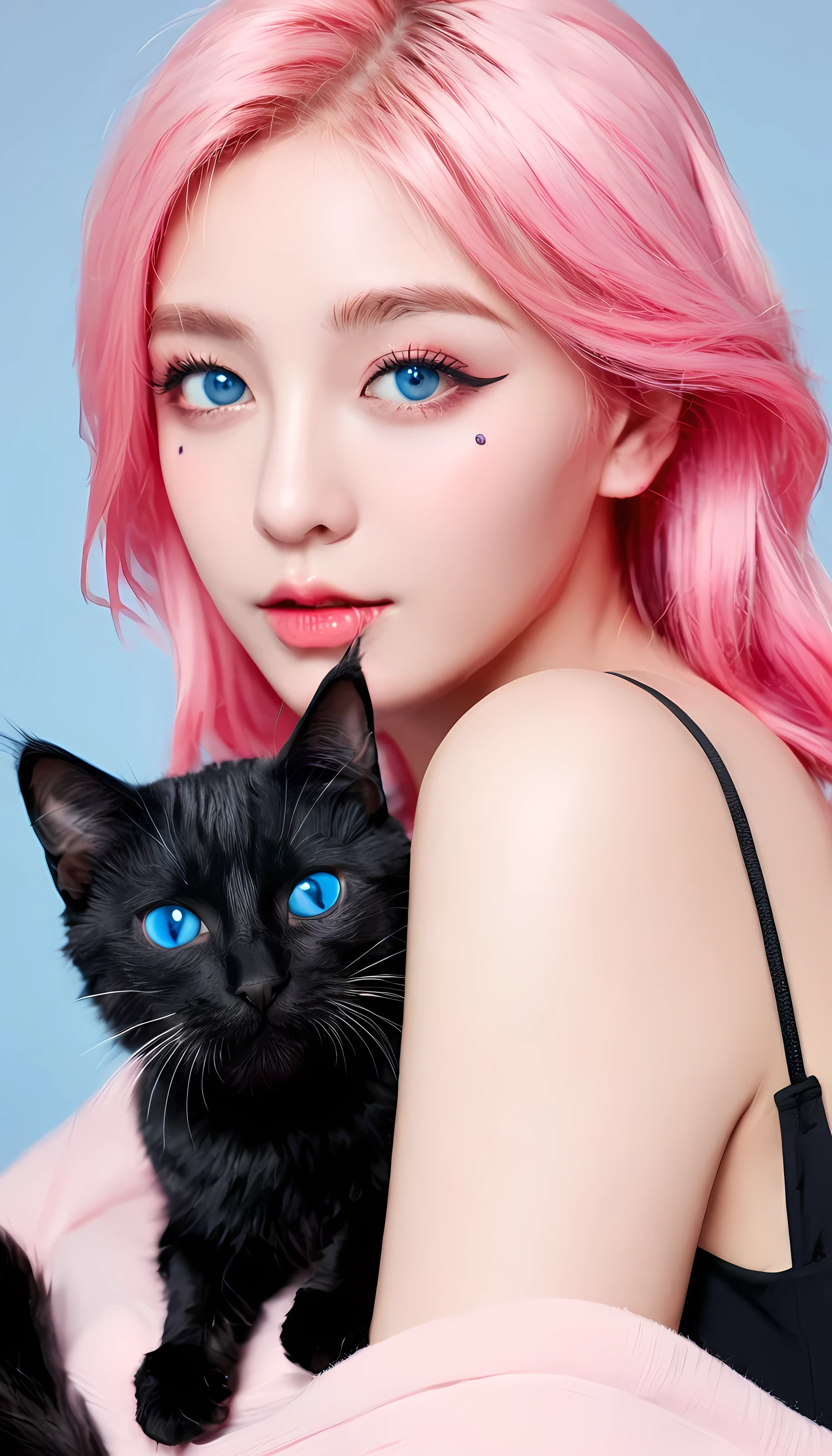 Girl with cat, Black Cat, Pink Hair,Blue Eyes, avatar
