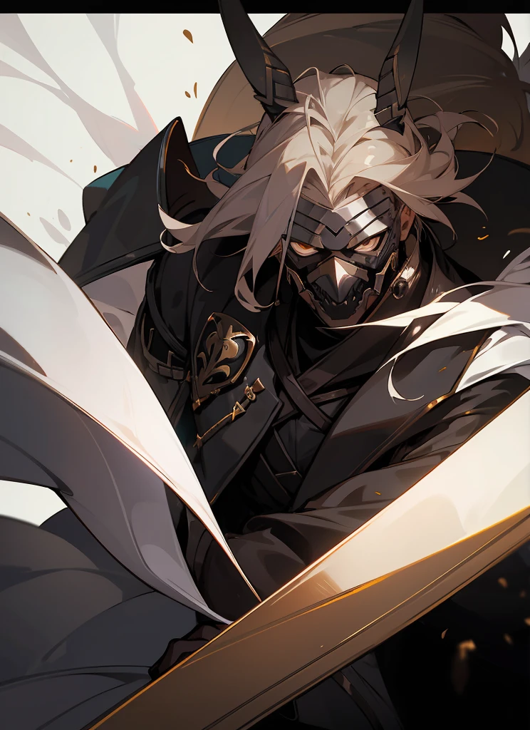 1 , handsome fashion hair,bronze hair highlightwhite, fanstasy, smile face, male ,fantasy, reaper, hunter with blackshortsword, villian face, black armor , darkness wolrd, bad, devil mask