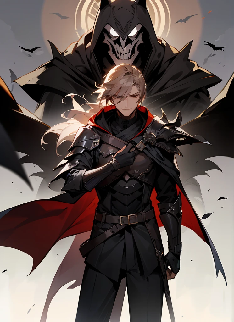 1 , handsome fashion hair,bronze hair highlightwhite, fanstasy, smile face, male ,fantasy, reaper, hunter with blackshortsword, villian face, black armor , darkness wolrd, bad, devil mask