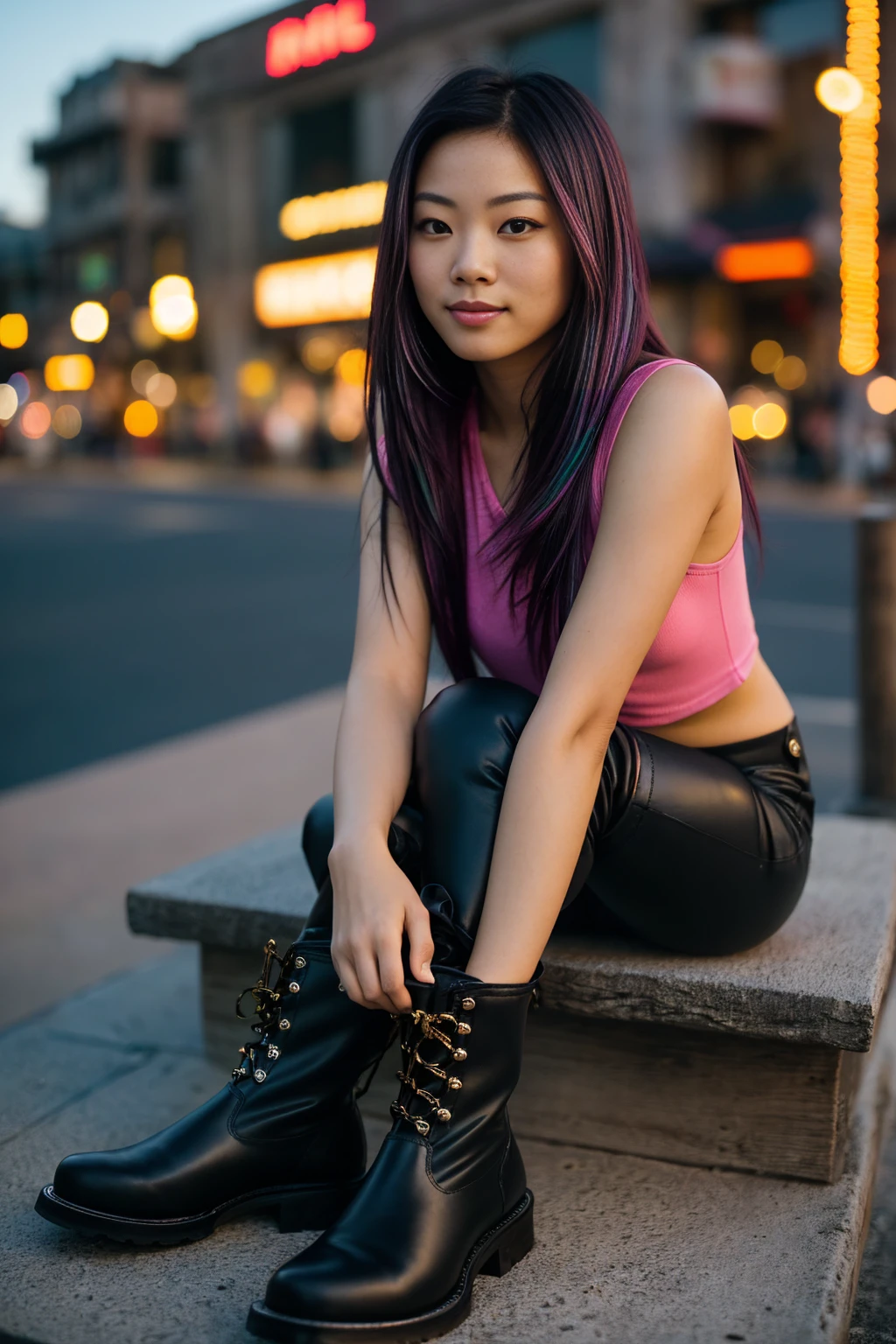 arafed woman with long black hair with purple highlights sitting sluggish, relaxed and (((laid-back))) on a bench, (((arms spread out))) flowing black hair, with black hair, photo of a beautiful woman, long flowing black hair, pink golden hour, curly pink hair, beautiful young asian woman, beautiful asian woman, wild ginger hair, pink wispy hair, light pink hair, a young asian woman, an asian woman, infp young woman, Portrait photo of a 24-year-old french girl in RAW UHD format (Black-eyed woman), Details (textures! , Hair! , glistering, Color!! , imperfections: 1.1), DSLR Lighting, SLR camera, Ultra-Quality, sharpness, Depth of field, Film grain (Downtown), Fujifilm XT3, Crystal clear, Frame Center, beatiful face, sharp-focus, neon lighting, bokeh (lit), day time, (open sky), detailed skin pores, oilly skin, suntan, Complex eye details, people in the background, (((long distance full body))), (((expensive boots))) smiling