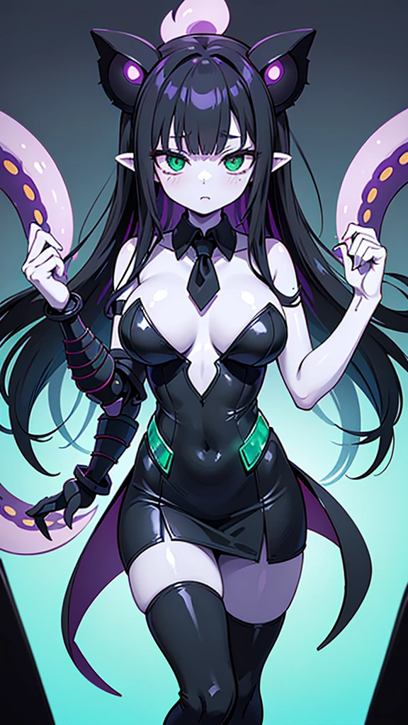 (The greatest of all time)、((16K:1.5))、((Acme))、(PNG)、3d、Semi-realistic、solo、((Simple solid color background))、Whole body expression、((A beautiful woman))、(Ultra-delicate and exquisite texture)、sensational、((The ultimate perfect glamorous body))、Glossy, exquisite skin、Expression of delight、(A lewd open-legged pose that will captivate and captivate everyone:1.1)、((emerald green eyes:1.3)、(Black Hair)、(Purple silver inner hair color)、(Tentacle hair)、long hair、(Extra mechanical octopus eye-shaped biological parts on the head:1.3)、Slightly droopy eyes)、Aphrodisiac brainwashing rate: 100%、Parasitic compatibility coefficient infinite、(The parasitic sexual predator mimic octopus, a parasitic organism and a viscous-bound lifeform, attaches itself to a female host, completely invades the womb, parasitizes and assimilates, and evolves into the ultimate female lifeform with big breasts and a glamorous figure.:1.2)、Parasitic control gem nuclei are created on the back, lower back, and navel.、(The parasitic symbiote transforms into a costume)、(The wearable parasitic armored dragon octopus, a collective lifeform of nanomachines, covers and parasitizes the ultimate lifeform, completely transforming into an armored reinforced exoskeleton that covers the body.:1.3)、 (The parasitic creature, the Lust Bug, invades the womb of the ultimate lifeform, eroding it, brainwashing it into becoming lustful and evil.)、Uterus tattoo、(Sharp clawed limbs)、Long tail、(Pale skin:1.6)、(Sleeveless tailcoat:1.5)、(Elbow Gloves)、(Sexy high leg leotard with black rubber neckband:1.5)、(Pencil skirt with slit:1.5)、(Tentacle Pelvic Curtain)、(stockings)、(Armor-type reinforced exoskeleton coverage rate 40%)、(Costume transformation rate: 230%)、taboo、