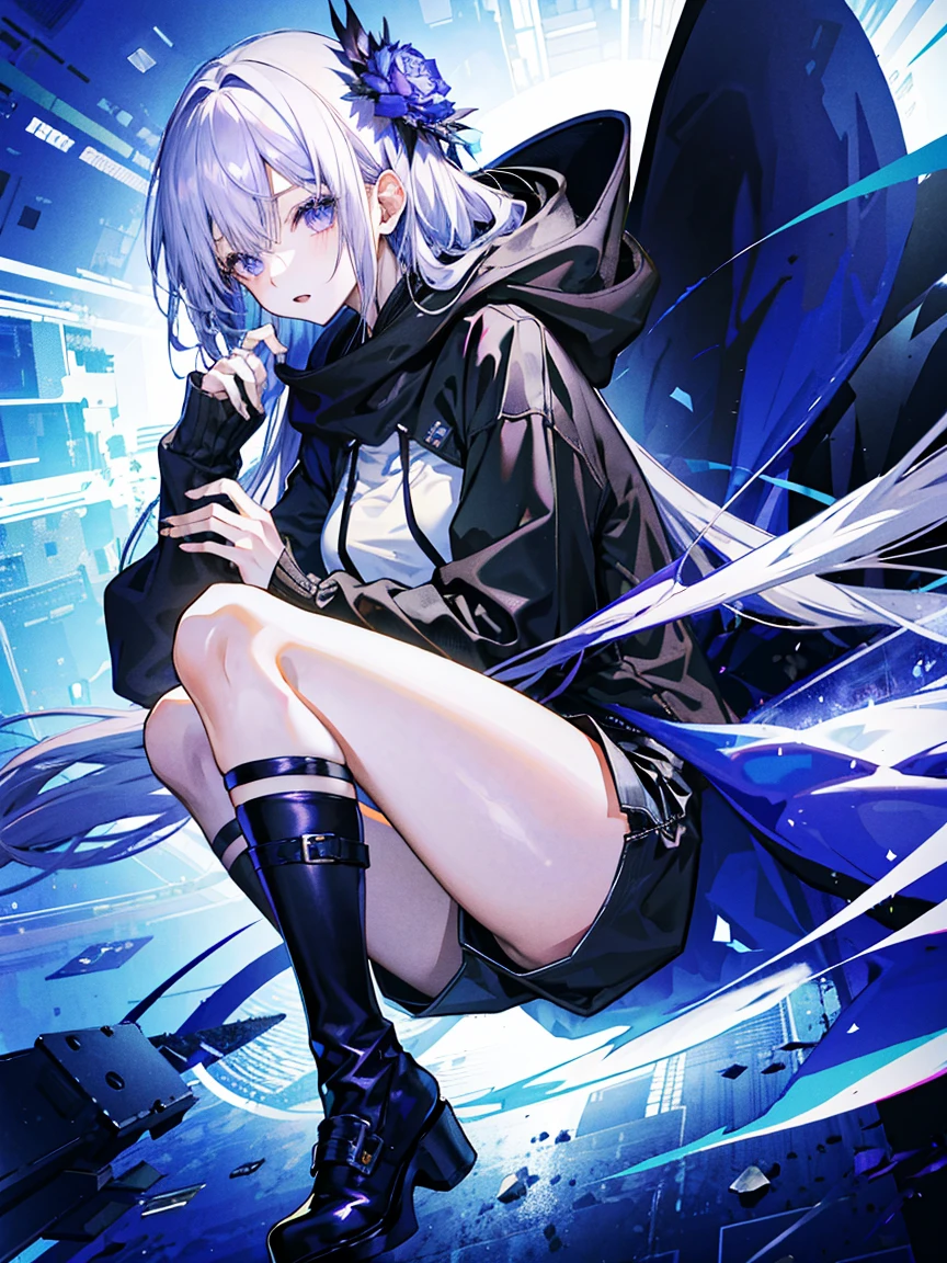 (Fine and beautiful eyes)、long hair,Long, blue-gray hair,Two moleole under the eye,Beautiful purple eyes,Detailed eyes,Detailed face,Large breasts,Black Hoodie、Thin legs,Long black boots、High resolution eyes、Jewel-like eyes、Straight Hair、Minimally revealing clothing、Short, oversized black shorts、Shorts that cover the knees,Extreme Detail、High resolution、Shining Eyes