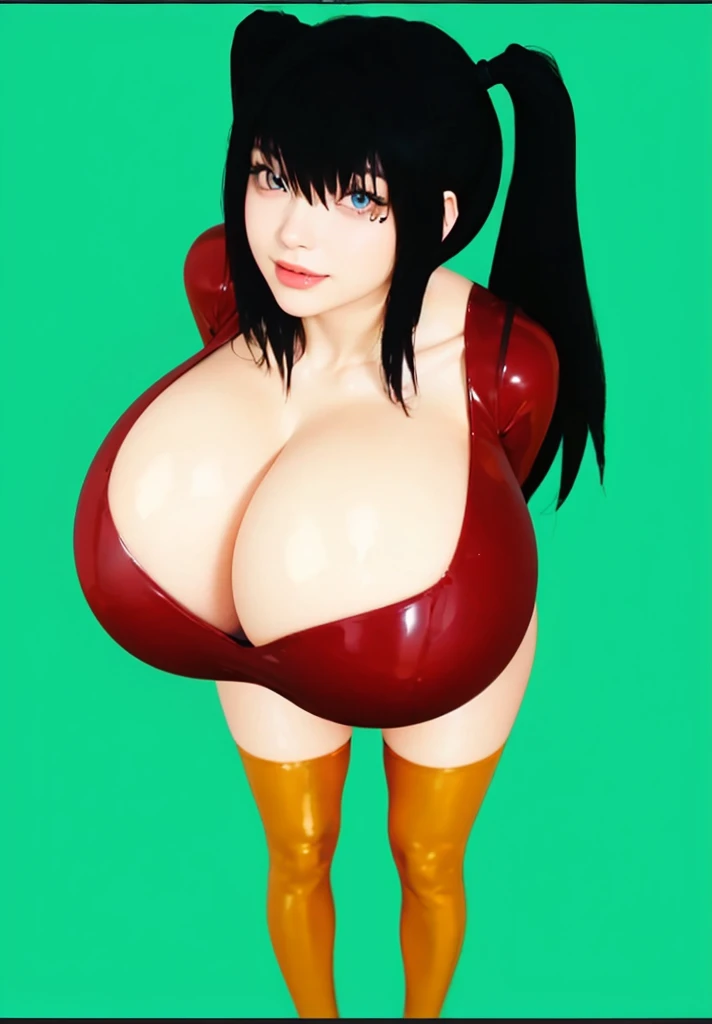(photorealistic:1.4), (masterpiece, sidelighting, finely detailed beautiful eyes: 1.2), masterpiece*portrait, realistic, 3d face, good photo, 4k, high quality, high resolution, hyper detail, realistic, reality, smooth graphics, realistic sexy wears, 3D, best resolution, sexy, good contrast, perfect shading, realistic skin texture, finely detailed, dramatic lighting, realistic lighting, amazing shadows, sexy and hot, huge breasts about to burst, huge butts, thicc thighs, everything she wears is tight, shiny and skinny, , shiny hair, extreme shiny skin, tight skinny shiny latex short pants, tight skinny shiny latex T-shirt, tight skinny shiny latex stockings