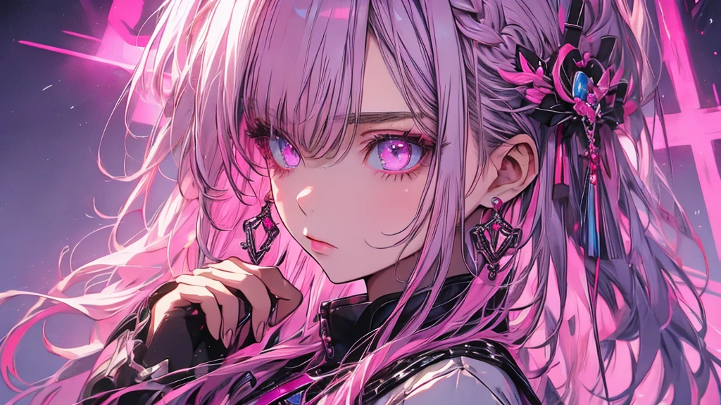 Hongliu, 1 girl, alone, Long hair, look at the viewer, Blue eyes background, White background, jewellery, closed mouth, jacket, upper body, pink hair with silver and black hair lasers , ear rings, pink eyes, 项链, From Side View, pullover, lips, eyelash, compensate, nice hair, ear rings, cross, lipstick, ear ear rings, eyeshadows, hoop ear rings, pink lips, multi-color eyes, pink theme, pink eyeshadows,
