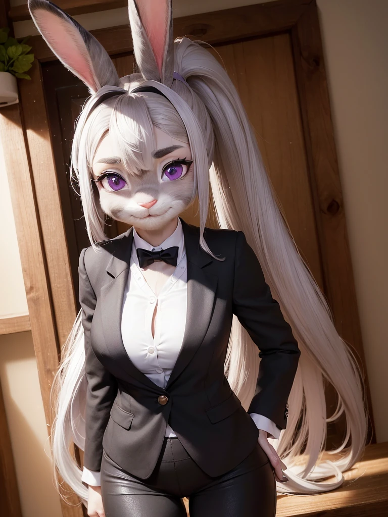 best quality,
masterpiece,
hyper Realistic,
ultra-detailed,
beautiful detailed,
4K，8K，High level,
PIXAR,
Photo real,
Portrait,
Looking at the audience,
(((background is a Forest))),
Realistic lighting,

((anthropomorphic rabbit)),
detailed animals,
Complex patterns,
(furry:1.5),
(Whole skin is gray:1.4),
(body is fluffy and bushy:1.3),
Realistic fur,

((human hands)),

(Face is JudyHopps:1.35),
{((long straight hair)), ((ponytail hair))},
wispy bangs, bangs,
purple eyes,
{highlight on eyes, crisp eyes, sparkle in the eyes, round big pupils},
detailed iris, 
(rised eyebrows:1.2),
(Crescent Brows:1.3),
(rabbit ears:1.1),
Smile,
Big Smile,
Innocent smile,
raised corners of mouth,

office lady is wearing suit,
((White blouse)) BREAK ((Black blazer)) BREAK ((Black pants)),

clothes made of wool,

((She is blushing in the cheeks)), 
((Looks excited)),

(solo:1.5),
(1 lady:1.5),
one character only
alone,
Perfect Anatomy,

highlight,
sunlight,
daylight,
intricate details, 
ray tracing, 
photorealistic, 
lighter shadows,