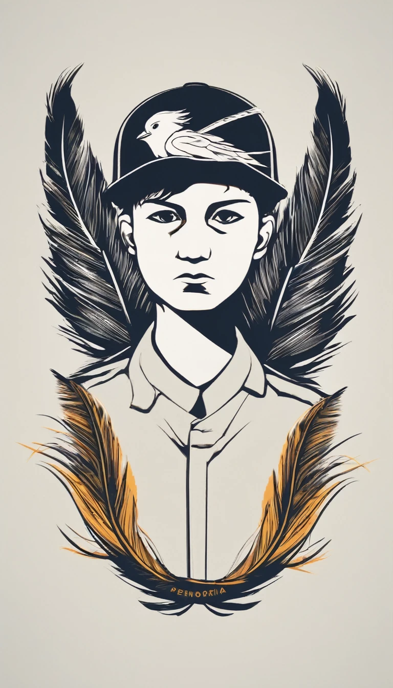 A minimal, modern, simple, cinematic logo design e of a boy with a head full of feathers for the brand “Penamemoria".