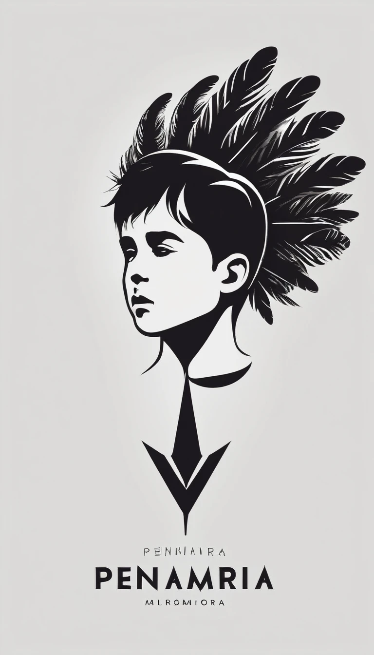 A minimal, modern, simple, cinematic logo design e of a boy with a head full of feathers for the brand “Penamemoria".