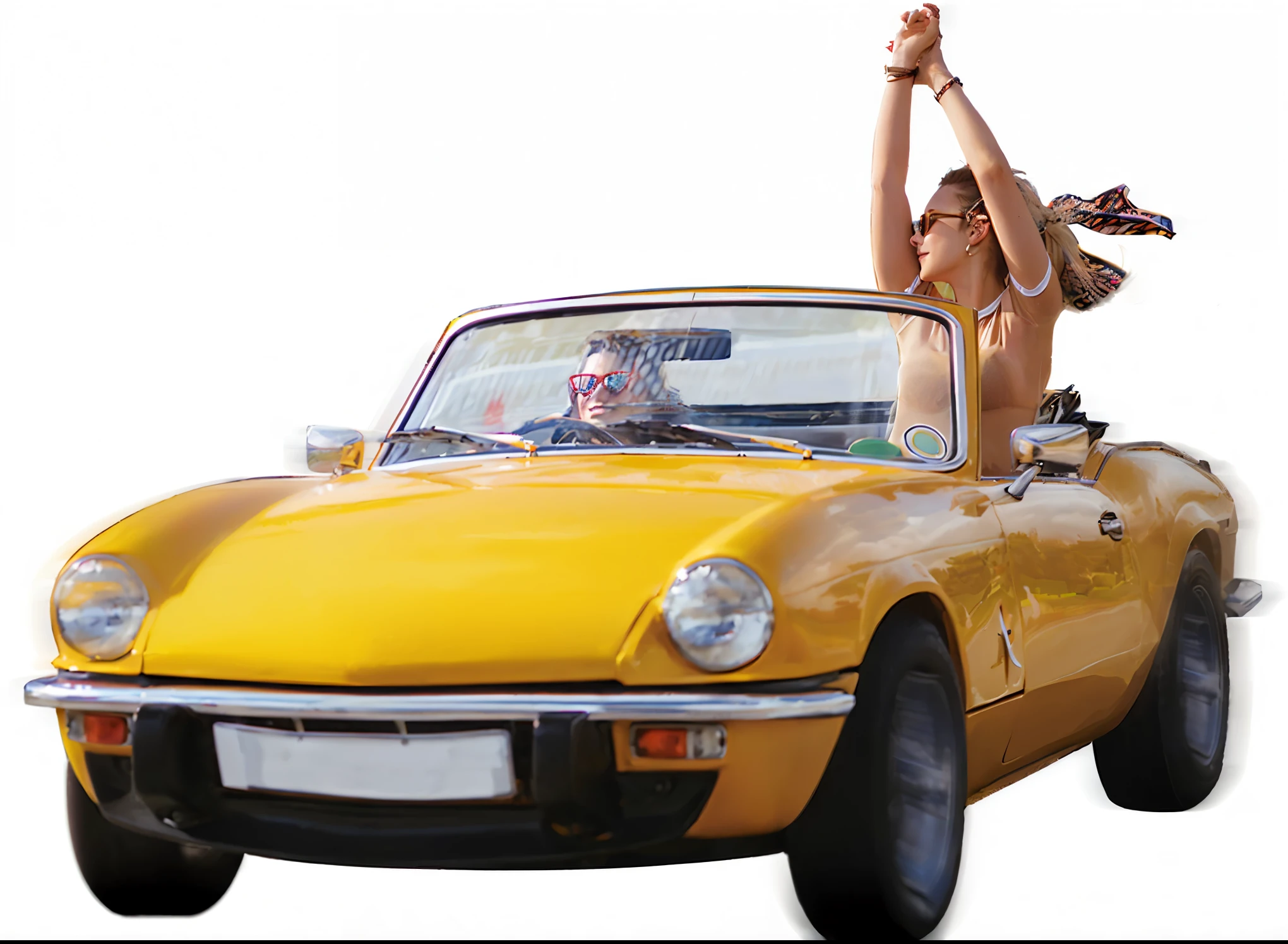 convertible,A woman in a bikini was sitting in the back seat, top down, top down, christophe szpajdel, top down shot, top down photo, convertible, Filming, Inspired by Cornelisz Hendriksz Vroom, 照片Filming, Photo Rendering, By Jan Rustem, 自上而下的Filming, Urs Fisher