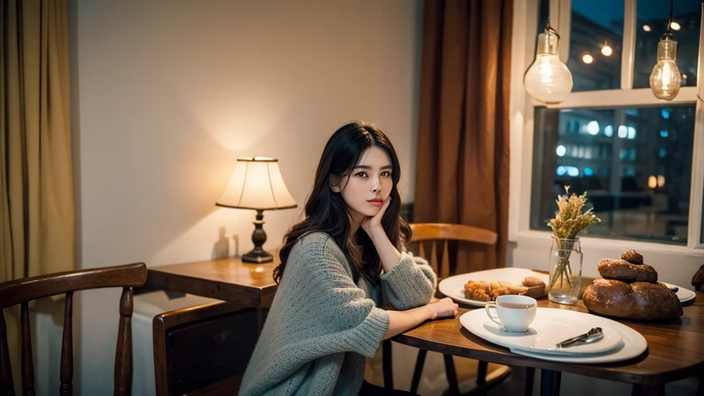 there is a table with a cup of coffee and a plate of food on it, a picture inspired by Elsa Bleda, unsplash contest winner, visual art, cozy setting, cozy atmosphere, cozy cafe background, inside on a rainy day, pleasant cozy atmosphere, cozy and peaceful atmosphere, cozy atmospheric, cosy atmosphere, cozy environment, cozy place, rainy afternoon, cozy aesthetic