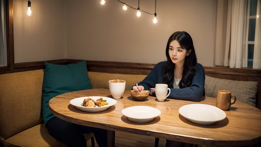 there is a table with a cup of coffee and a plate of food on it, a picture inspired by Elsa Bleda, unsplash contest winner, visual art, cozy setting, cozy atmosphere, cozy cafe background, inside on a rainy day, pleasant cozy atmosphere, cozy and peaceful atmosphere, cozy atmospheric, cosy atmosphere, cozy environment, cozy place, rainy afternoon, cozy aesthetic