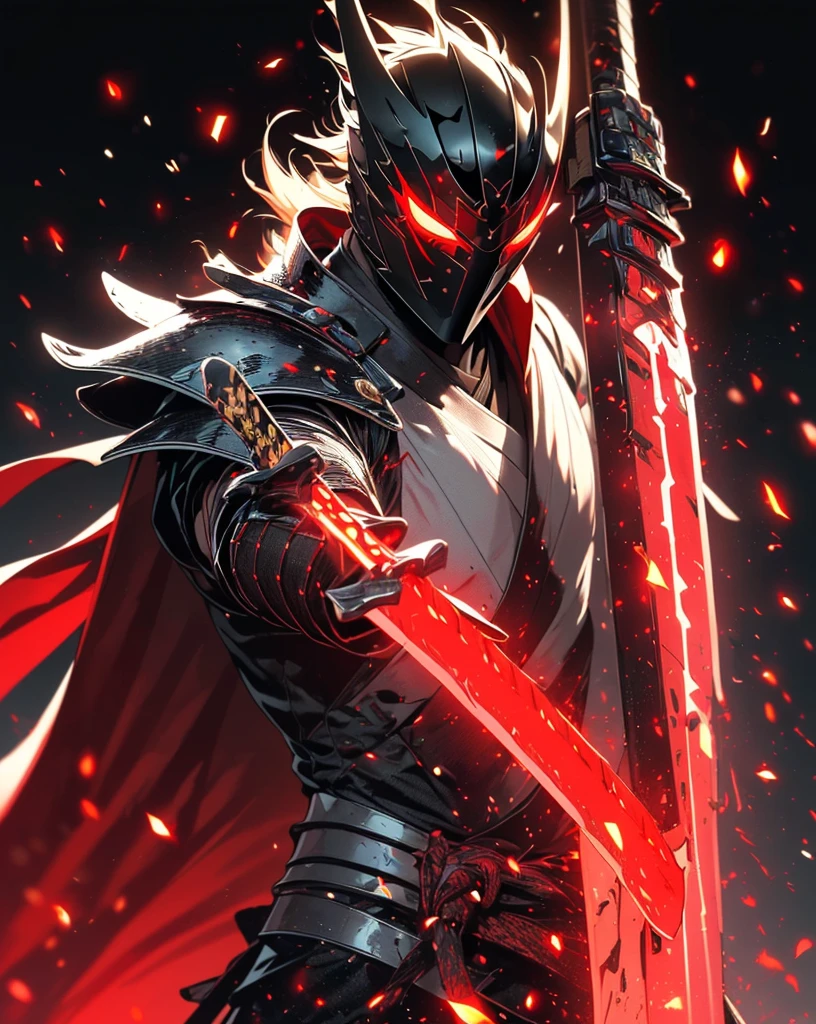 Super Realistic, Hyper Realistic, Super Detailed, (cybersamurai, 1boy, ((solo)), attacking with red sword, wearing black-red armor and mask, cape, glowing beautiful red eyes, glow:1.3) (glowing simple black background:1.25),