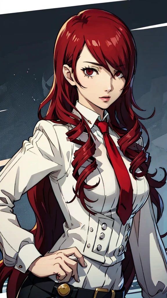 Mitsuru kirijo, portrait, suit, tie, red eyes, long hair, hair over one eye