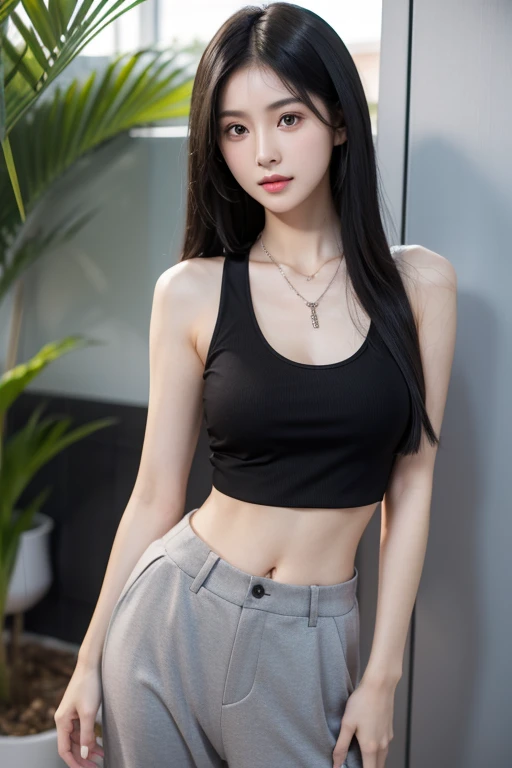 wearing tank top, trousers, long black hair, Japanese girl, 8k, wearing a necklace, slim stomach, Japanese girl face, beautiful, seductive,