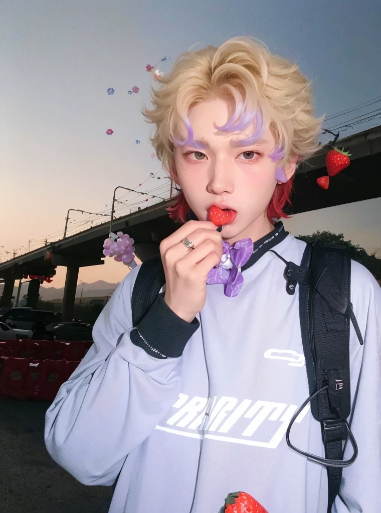 Ulzzang boy, ulzzang, Korean ulzzang boy, boy, cute face, cute eyes, cute, black hair, choi beomgyu, beomgyu from txt, choi beomgyu, beomgyu, eating a strawberry, eating strawberry