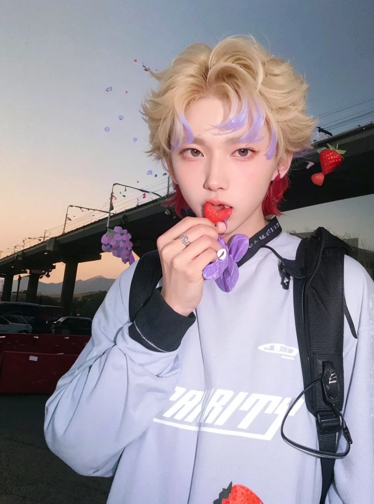 Ulzzang boy, ulzzang, Korean ulzzang boy, boy, cute face, cute eyes, cute, black hair, choi beomgyu, beomgyu from txt, choi beomgyu, beomgyu, eating a strawberry, eating strawberry