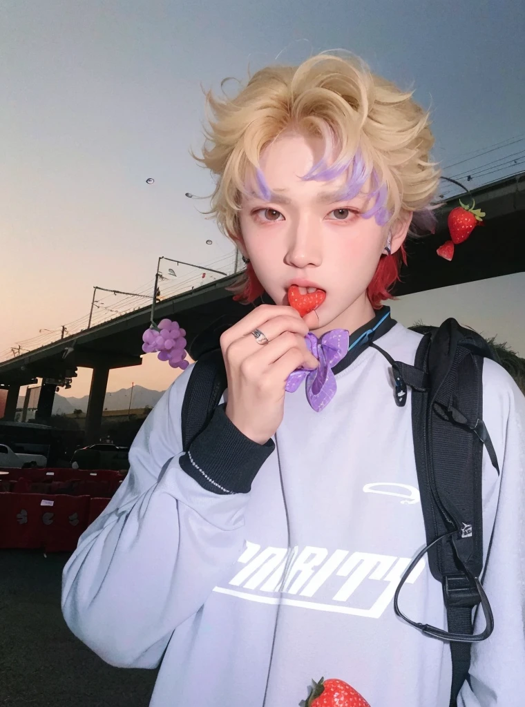 Ulzzang boy, ulzzang, Korean ulzzang boy, boy, cute face, cute eyes, cute, black hair, choi beomgyu, beomgyu from txt, choi beomgyu, beomgyu, eating a strawberry, eating strawberry 