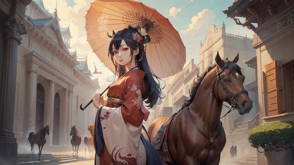 anime girl in red kimono with umbrella and horse in the background, a beautiful fantasy empress, onmyoji detailed art, palace ， a girl in hanfu, by Yang J, japanese goddess, onmyoji, anime fantasy illustration, anime fantasy artwork, detailed digital anime art, beautiful digital artwork, inspired by Ju Lian, rossdraws sakimimichan, anime goddess