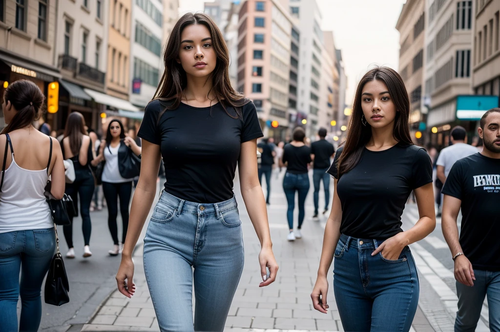 full figure photograph of a serious fitted slim female model, 30 years old, long brown hair, brown eyes, wearing a black t-shirt and blue jeans, she is walking in a crowded street