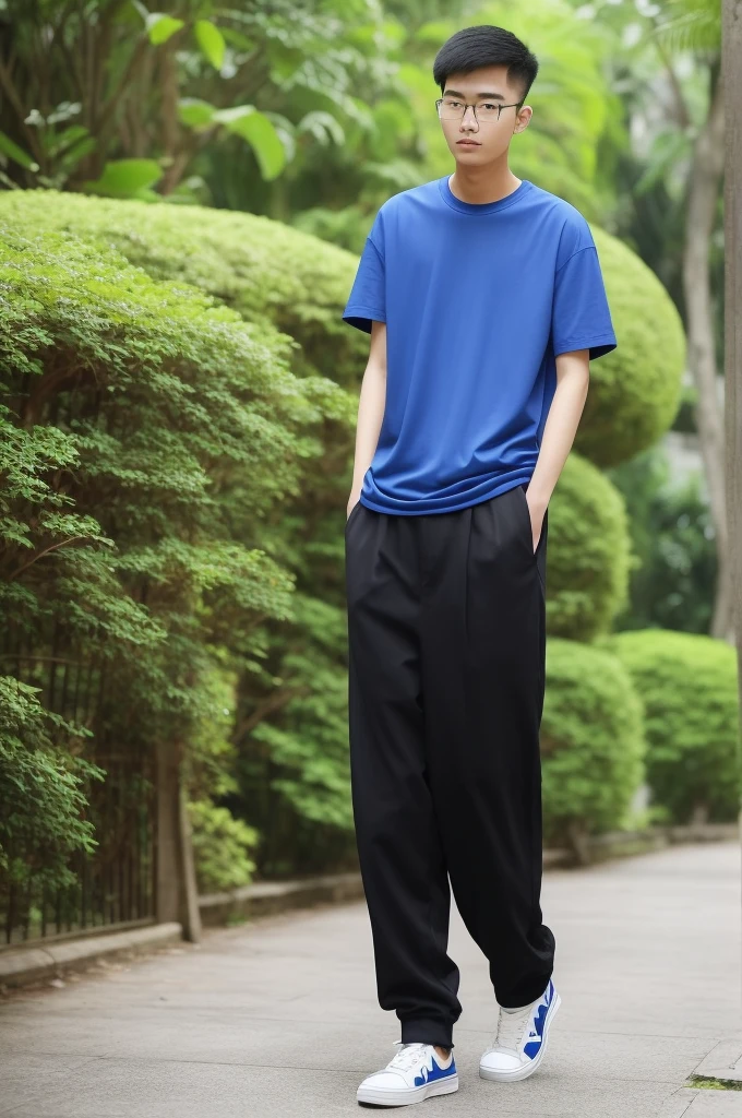 21 year old Guangzhou boy, he is wearing a oversize xxl blue plain t-shirt, he is wearing black trousers, he is wearing sneakers, he is wearing glasses, garden, full body,  "he is buzz cut Hair", foot, walking 