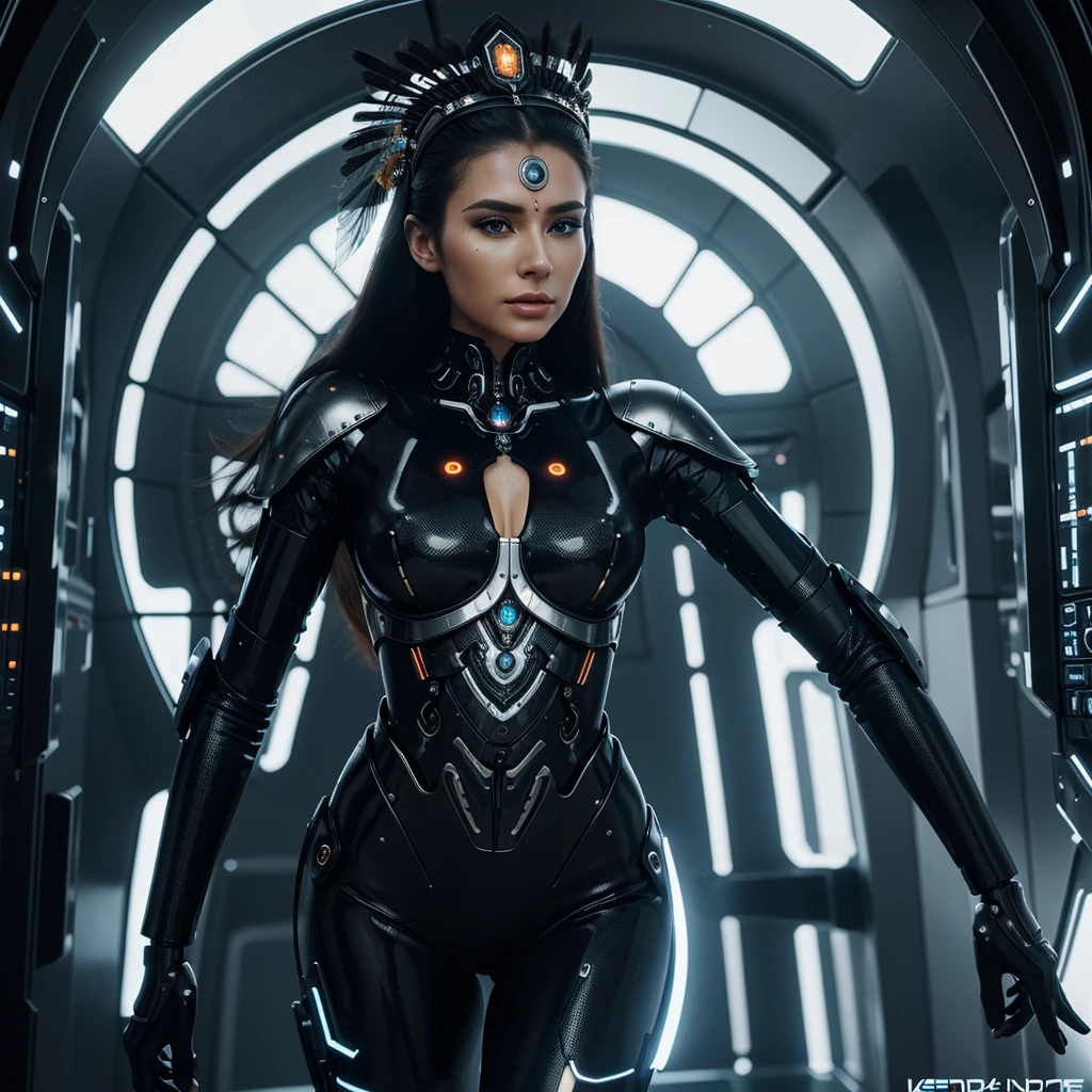 woman in headdress, full length, seductive, very detailed visual portrait, futuristic робототехник, nice,  extremely detailed shot of the goddess, beautiful cyborg girl, Jason Angle, keyframe, anthropomorphic _ Humanoid, futuristic, realistic and high quality. With a good and seductive figure and look 