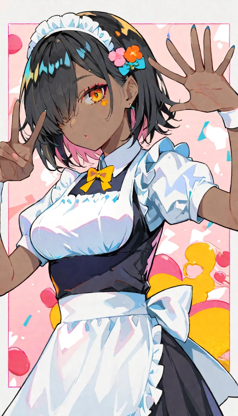 Woman in white skirt clothes, 1 girl, solo, apron, dark skin woman, dark skin, hair above one eye, looking viewer, hair ornament, maid, maid headdress, black hair, orange eyes, puffy sleeves, short sleeves