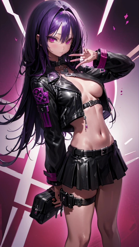 adult woman, black skin, long purple hair, red eye, Purple top, leather jacket, Leather miniskirt, wide ????, narrow waists, open abdomen, open ???????, black lipstick, ​masterpiece, high quality, perfect fingers, perfect limbs