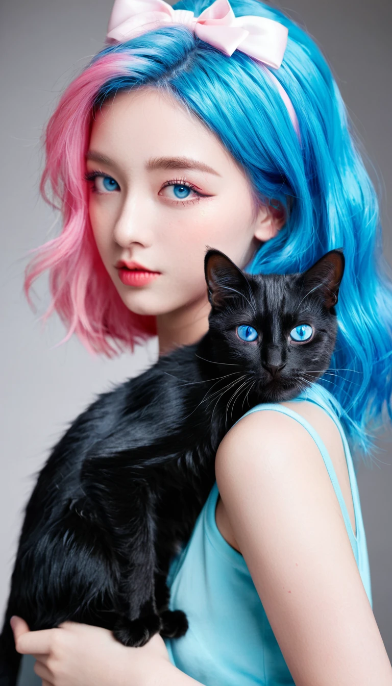 Girl with cat, Black Cat, Pink Hair,Blue Eyes, avatar