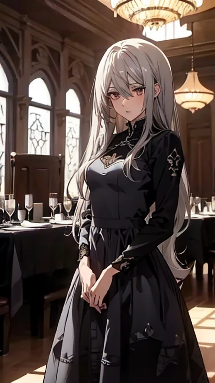 (Confused, High resolution, Very detailed), 1 female, Silver Hair,Long Hair,Reddish brown eyes,black long party dress,Formal wear,20th generation,Beautiful woman,talk,thin,quiet,Small breasts,Calm,Party Venue,black long sleeve dress