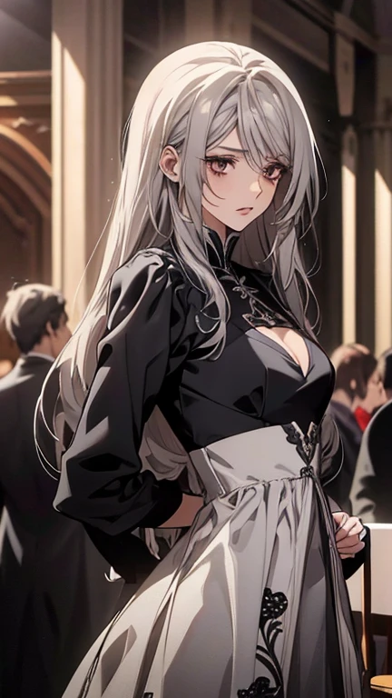 (Confused, High resolution, Very detailed), 1 female, Silver Hair,Long Hair,Reddish brown eyes,black long party dress,Formal wear,20th generation,Beautiful woman,talk,thin,quiet,Small breasts,Calm,Party Venue,black long sleeve dress