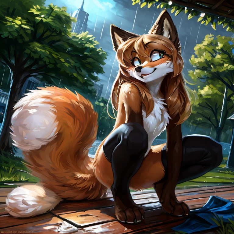 uploaded to E621, by Kenket, by Ross Tran, by Michael & Inessa Garmash, by Pino Daeni, by Kiguri, by Alena Aenami, by Ruan Jia, A solo vixen squatting looking in the air ((female) (anthro) ([foxl])), beautiful and detailed portrait of an anthropomorphic vixen ((female)), anthro fox girl, body fur, flat chest, chest fluff, body fur, curvy, sexy, nice, cute, hot, sassy, sassy hips, (Averi, Fox girl), hi res, photorealism, soft shading, (detailed fur: 1.1), happy looking, (legs), (solo: 1.1), tail raised, ((beautiful) eyes: 1.1), (detailed eyes: 1.1), (detailed), (masterpiece: 1.2), (athletic), good anatomy, detailed face, speech bubble, heart, hearts, seductive pose, sexy pose, night, rain, wet fur, in a park, tree, blue and black striped thigh highs, colorful thigh highs, high socks, thigh high socks, striped high socks, legs adorned with blue fabric